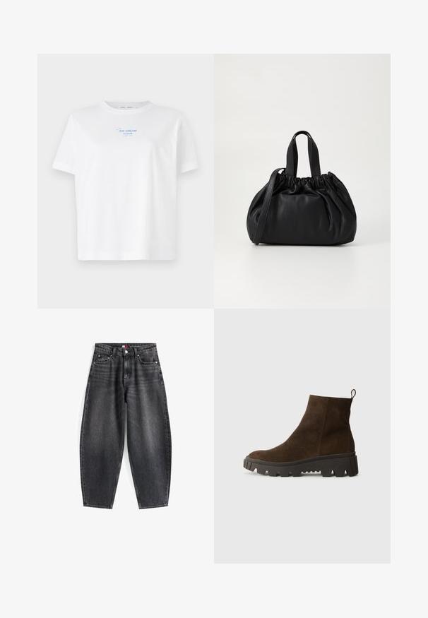 White cotton t-shirt with a round neck, short sleeves, featuring a blue printed text "ICE CREAM PLEASE" above a simple line drawing of an ice cream cone.; High-waisted black denim jeans with a relaxed fit, featuring five pockets, belt loops, and a branded waistband label.; Brown suede ankle boot with a chunky black rubber sole, featuring a slight heel and a pull tab at the back for easy wear.; Black leather handbag with a gathered top design, featuring two short handles and a long adjustable strap. Smooth texture, rounded shape.