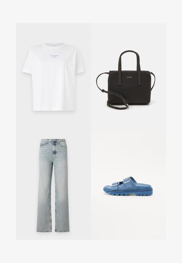 Biała bawełniana koszulka z okrągłym dekoltem i krótkimi rękawami, z niebieskim nadrukiem tekstu "LÓD PROSZĘ" powyżej prostego rysunku loda w waflu.; Dżinsy z wysokim stanem w jasnoniebieskim kolorze o szerokiej nogawce, z pięcioma kieszeniami i delikatnym wypłowieniem na tkaninie.; Niebieskie sandały na platformie z dwiema regulowanymi klamrami, teksturowaną gumową podeszwą i gładkim wierzchem. Masywna, zaokrąglona konstrukcja.; Czarna torebka z dwoma krótkimi uchwytami i odpinanym paskiem na ramię. Gładki materiał przypominający skórę, z zamkiem błyskawicznym i detalem z logo.
