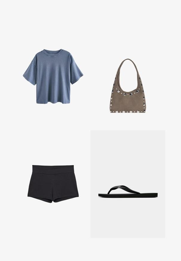 Next CREW NECK REGULAR FIT - T-shirt basic - charcoal grey; Shorts neri, aderenti, con una cintura larga, realizzati in un tessuto morbido e elasticizzato. I bordi sono lisci, senza chiusure o motivi visibili.; Infradito in gomma nera con cinturino testurizzato e suola piatta semplice, mostrati di lato su uno sfondo chiaro e uniforme.; PULL&BEAR SHOPPER - Shopping bag - grey