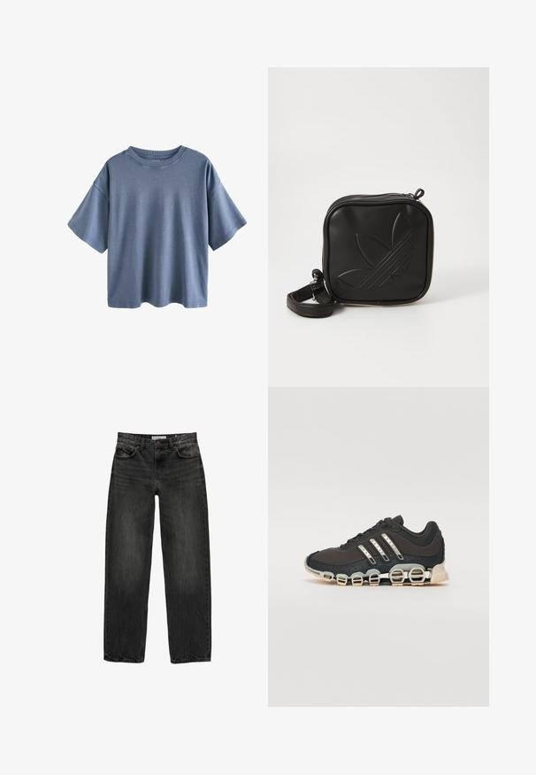 Next RELAXED FIT CREW NECK - T-Shirt print - charcoal grey; Schwarze Jeans aus Denim mit lockerer Passform, geradem Bein, fünf Taschen-Design und einer leicht gewaschenen Textur. Knopf- und Reißverschluss vorne.; Schwarzer Sportschuh mit einer strukturierten Oberseite, drei silbernen Streifen und einer markanten Dämpfungssohle mit mehreren integrierten Sektionen.; Schwarze Umhängetasche aus strukturiertem synthetischem Material. Verfügt über ein eingeprägtes Logodesign und einen verstellbaren Riemen. Mit Reißverschluss geschlossen.