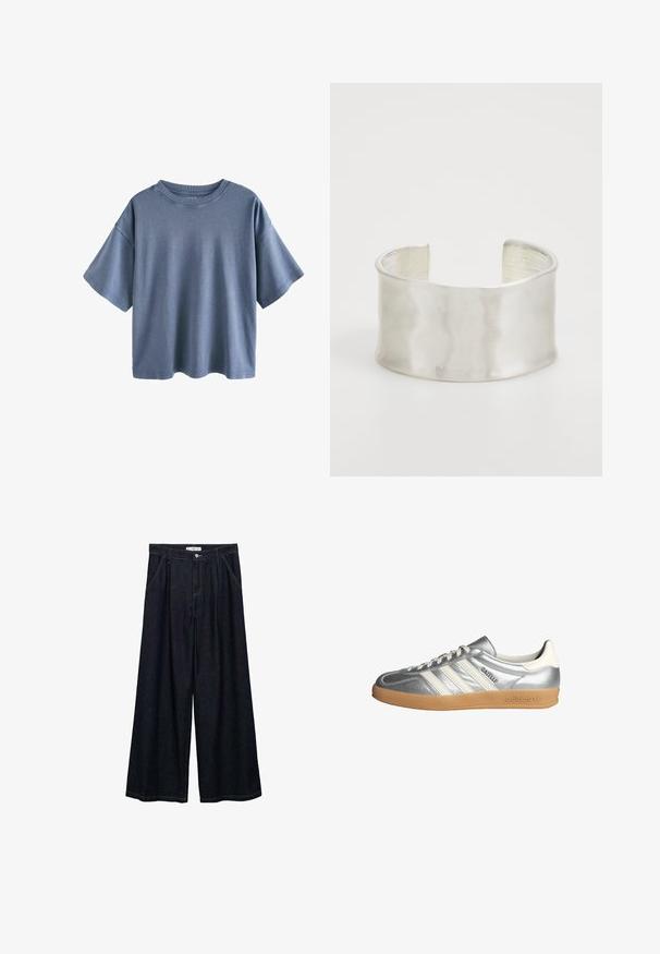 Next RELAXED FIT CREW NECK - Majica kratkih rukava s printom - charcoal grey; Tamno plave široke traperice visokog struka, koje imaju prednje kopčanje na dugme, dva bočna džepa i detalje šivanja.; Srebrne tenisice s bijelim detaljima, s tri pruge, zaobljenim vrhom i gumenom potplatom. Teksturirani metalik materijal.; Zign Narukvica - silver-coloured