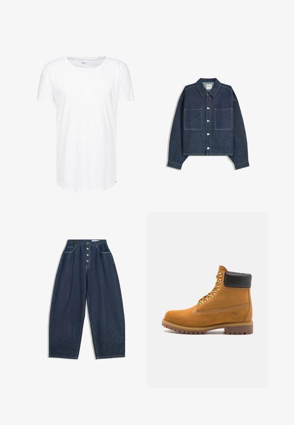 Bílý tričko s krátkým rukávem vyrobené z jemné bavlněné tkaniny. Má kulatý výstřih a volný střih s drobnou značkovou nášivkou na lemu.; Tmavě modrá džínová zkrácená bunda s špičatým límcem, dvěma předními kapsami a stříbrným zapínáním na knoflíky. Obsahuje viditelné detaily šití.; Tmavě modré denimové kalhoty s širokými nohavicemi, vysokým pasem, zapínáním na pět knoflíků a pěti kapsami. Obsahují švy s vypracovanými detaily.; Hnědé semišové kotníkové boty s černým polstrovaným límcem, zlatými kovovými očky, bílým prošíváním a odolnou gumovou podrážkou s výraznými drážkami.