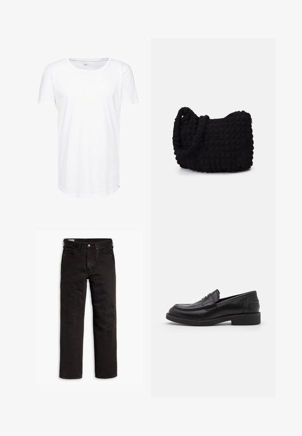 Witte, korteklei t-shirt gemaakt van zacht katoen. Heeft een ronde halslijn en een relaxte pasvorm met een subtiele merklabel op de zoom.; Zwarte recht gesneden denim jeans met vijf zakken, knoopsluiting en riemlussen, plat gelegd op een witte achtergrond.; Zwarte leren loafers met een ronde neus, ton-sur-ton stiksels en een banddetail aan de voorkant. Rubberen zool met een lage hak.; Zwarte stoffen tas met een gestructureerd, gewatteerd patroon. Rondvormig, korte, dikke handvatten en een zachte, flexibele structuur.