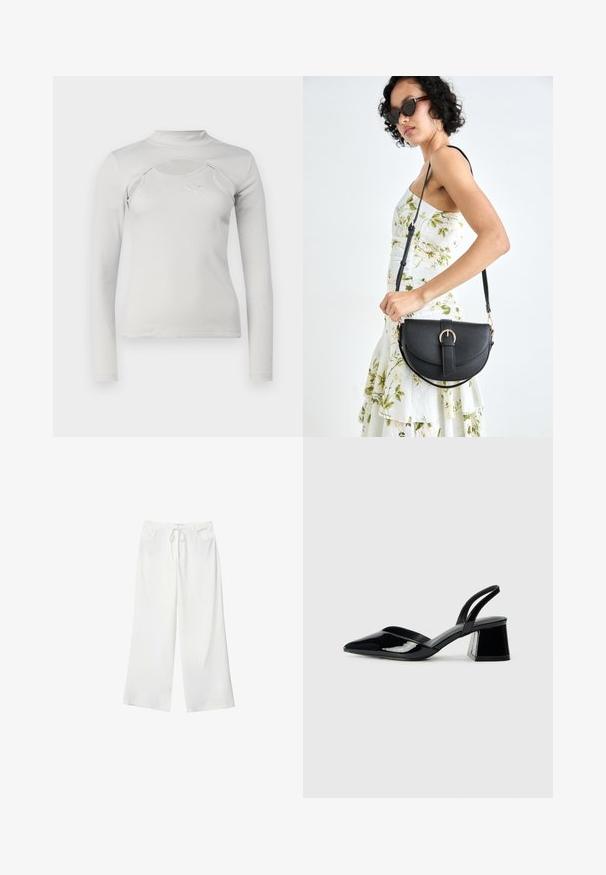 Hellgraues Langarmshirt mit strukturierter Ripp-Textur, Stehkragen, ausgeschnittenem Detail und kleinem gesticktem Logo auf der Brust.; Weiße, weite Hosen aus weichem Stoff, mit einem Kordelzug in der Taille und zwei vorderen Taschen. Glatte Textur und keine sichtbaren Muster.; Schwarze Lackleder-Slingback-High Heels mit spitzem Schuh und einem geometrischen Blockabsatz. Verfügt über ein schlankes, minimalistisches Design und eine glatte Textur.; Schwarze Lederhandtasche mit geschwungener Form, abnehmbarem Tragegurt und goldenen Beschlägen. Die Tasche verfügt über einen Deckel mit einer Schnallen-Details.