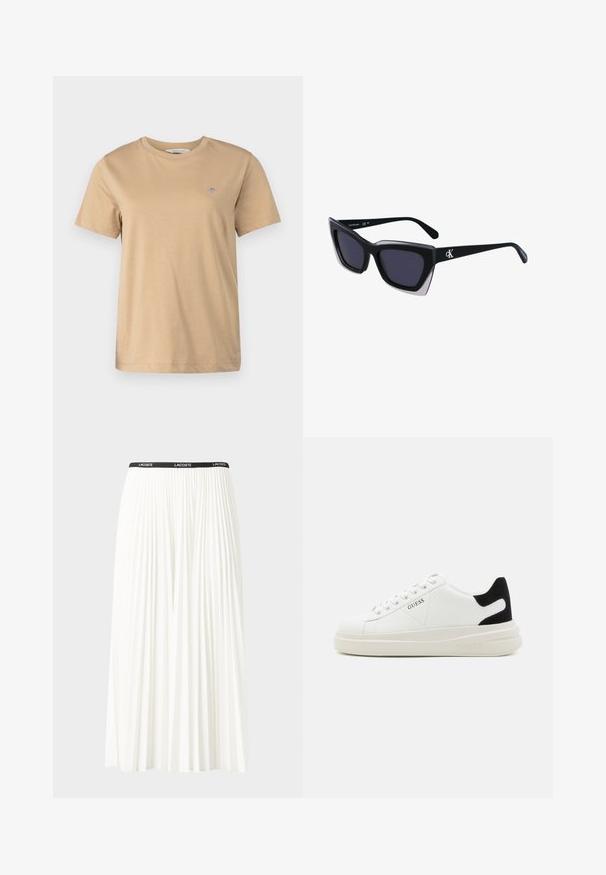 GANT SHIELD - Lihtne T-särk - caramel beige; Kurtitudega valge seelik musta elastse vööga, millel on "LACOSTE" logo. Keskmise pikkusega disain pehme tekstuuriga.; Valged nahast tennisetossud paksu valge tallaga, musta sametist kontsakeeuga ja külje peal riigilogo reljeefne kujundus. Lukkeskeem kuue silmaauguga.; Mustad suured mustad prillid geomeetrilise kujuga, tumedate läätsedega ja kontrastse halli detailiga raamidel. Logo käe peal.