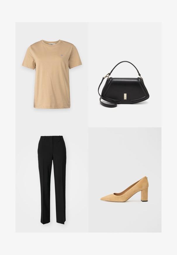 GANT SHIELD - Basic T-shirt - caramel beige; Black tailored trousers with a straight-leg design, featuring a smooth texture and crisp creases along the front. No visible hardware.; Beige suede high-heeled pump with a pointed toe and a chunky block heel. The material has a soft texture with a smooth finish.; Black leather handbag with a structured design, featuring a cropped shape, top handle, and gold hardware accent. Adjustable shoulder strap included.