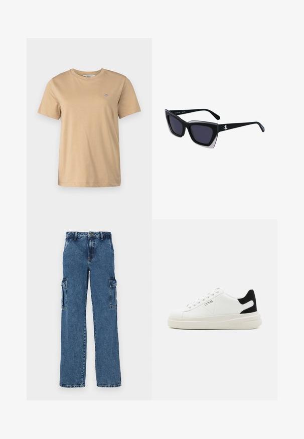 GANT SHIELD - T-shirt basic - caramel beige; Blauwe denim cargo broek met een ontspannen pasvorm, voorzien van twee zijzakken, versterkte stiksels en een recht gesneden ontwerp.; Witte leren sneakers met een dikke witte zool, zwarte suède hielaccent en een geperst logo op de zijkant. Vetersluiting met zes oogjes.; Zwarte oversized zonnebril met een geometrische vorm, voorzien van donkere glazen en een contrasterend grijs detail op het montuur. Logo op de arm.