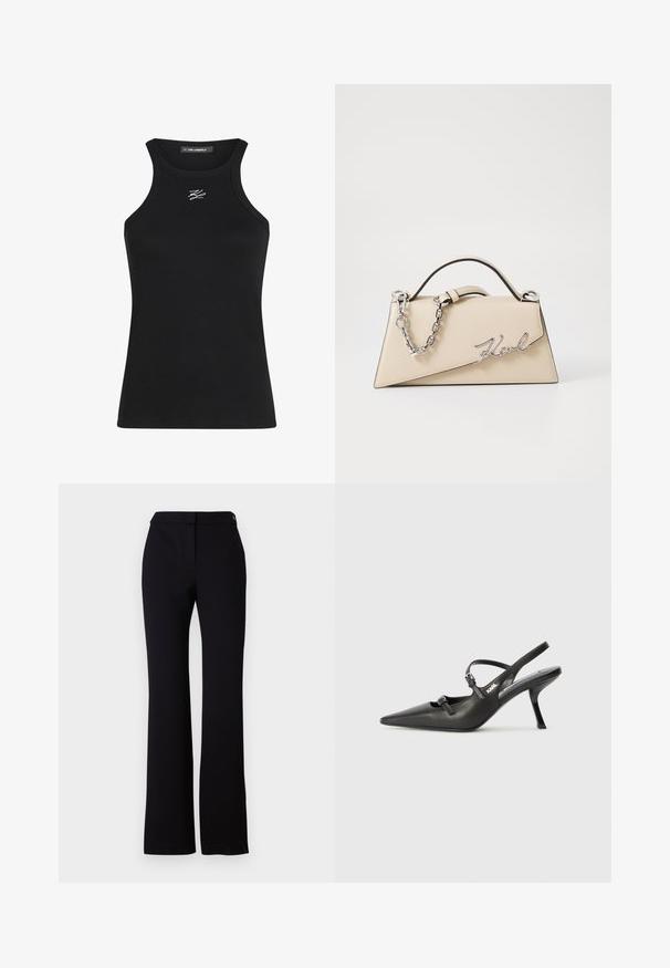 Mustaa ribbikankainen toppi, jossa on pyöreä kaula-aukko ja kapeat olkaimet. Rinnassa on pieni valkoinen logo.; Mustat housut, joissa on suora leikkaus, sileä pinta ja vyötärö, jossa on yksinkertainen nappisulku. Ei näkyviä kuvioita tai koristeita.; Mustat nahkaiset slingback-korkokengät, joissa on terävä kärki, hoikka korko ja koristeellinen solkityyny varpailla. Tasainen pinta ja tyylikäs muotoilu.; Käsveska av beige läder med en strukturerad, triangulär form, utformad med ett handtag av silverkedja och en kursiv logotyp i metall.