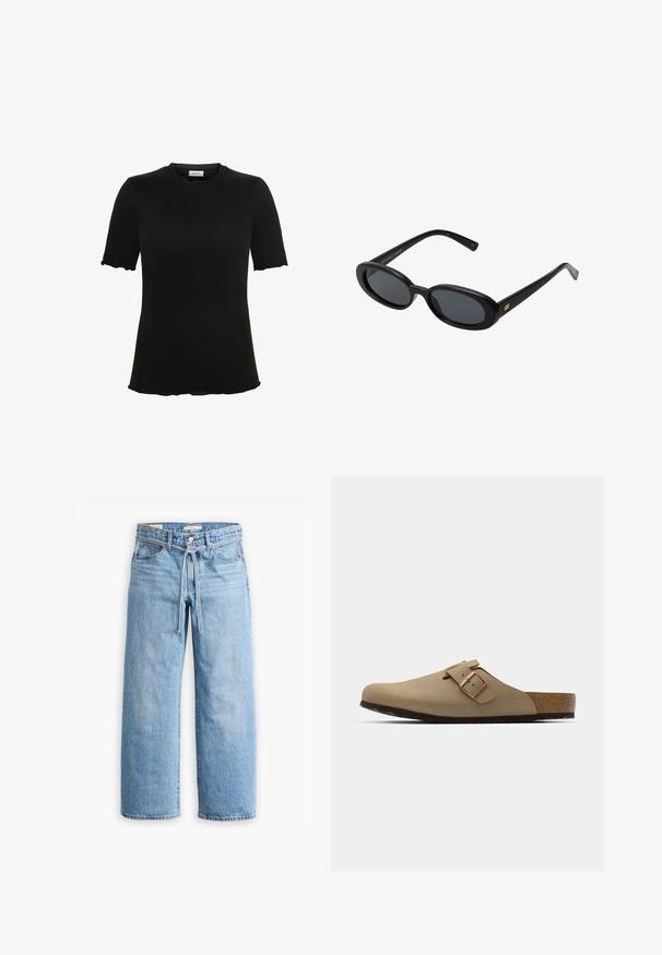 Schwarzes kurzärmliges T-Shirt mit Rundhalsausschnitt, aus weichem Stoff gefertigt, mit gewellten Kanten an Ärmeln und Saum für ein dezentes Design-Detail.; Hellblaue Jeans im weiten Schnitt mit hoher Taille, Knopf- und Reißverschluss sowie einer Kordelzugdetails an der Taille. Roh geschnittener Saum.; Beige Clogs mit einer abgerundeten Zehenpartie, verstellbarem Schnallenakzent und Korkfußbett. Strukturierte Oberfläche mit einer schwarzen Gummisohle für besseren Halt.; Schwarze, oversized Sonnenbrillen mit ovalen Gläsern, glattem Kunststoffrahmen und goldenen Akzenten an den Bügeln. Die dunklen Gläser bieten Sonnenschutz.