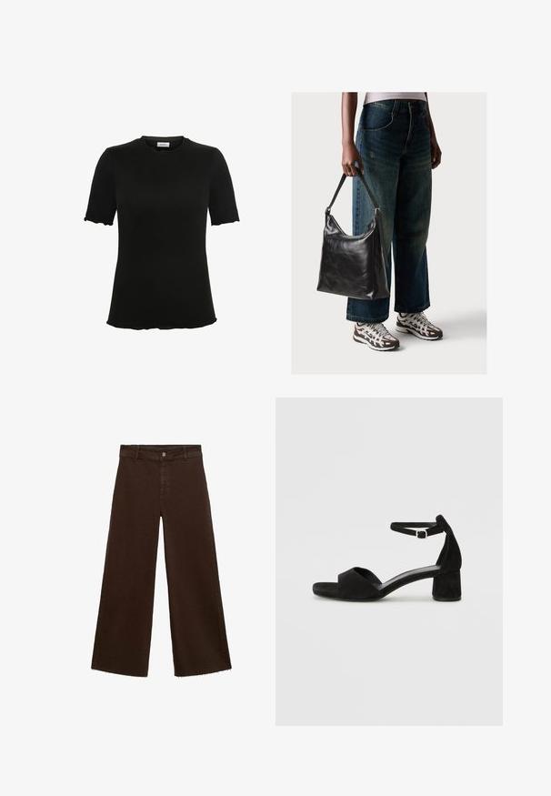 T-shirt nera a maniche corte con scollo rotondo, realizzata in tessuto morbido, con bordi ondulati su maniche e orlo per un sottile dettaglio di design.; Pantaloni larghi marroni in misto cotone, caratterizzati da orlo sfrangiato, chiusura frontale con bottone e classico design a cinque tasche. Minimalisti e versatili.; Sandali con tacco in suede nero, con una sottile fascia alla caviglia, design open toe e un discreto tacco a blocco. Texture liscia e decorazioni minime.; Borsa a tracolla nera in pelle con una texture liscia e tracolla regolabile, abbinata a jeans ampi sbiaditi e sneakers sportive.