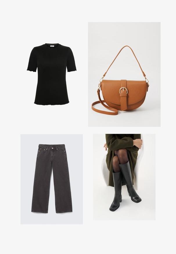 Camiseta negra de manga corta con escote redondo, hecha de tejido suave, que presenta bordes ondulados en las mangas y en el dobladillo para un detalle de diseño sutil.; Jeans de pierna ancha hechos de mezclilla gris oscuro. Las características incluyen una cintura alta, herrajes de cobre y un diseño clásico de cinco bolsillos.; Botas de cuero negro hasta la rodilla con puntera cuadrada y tacón de bloque, presentadas con un modelo sentado en un abrigo verde oliva. Textura suave, mínimo detalle.; Bolso bandolera de cuero marrón con forma curvada, herrajes dorados y un acento de hebilla. Incluye una correa de hombro desmontable.