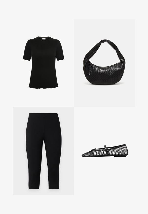 Schwarzes kurzärmliges T-Shirt mit Rundhalsausschnitt, aus weichem Stoff gefertigt, mit gewellten Kanten an Ärmeln und Saum für ein dezentes Design-Detail.; Schwarze Capri-Leggings aus dehnbarem Material, die eng anliegen und eine glatte Textur aufweisen, ohne auffällige Muster oder Akzente.; Schwarze Netz-Balletflats mit spitz zulaufender Zehenpartie, dekorativem Riemen und dezentem Akzent. Sie verfügen über ein offenes Netzdesign und eine flache Sohle.; Schwarze geflochtene Ledertasche mit einer geschwungenen Form, ausgestattet mit einem dicken Griff und einem Reißverschlussverschluss. Texturierte Oberfläche mit glänzender Optik.