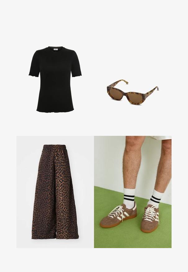 Černé tričko s krátkým rukávem a kulatým výstřihem, vyrobené z měkké tkaniny, s vlnitými okraji na rukávech a spodním lemu pro decentní designový prvek.; Kalhoty s širokými nohavicemi z hladkého materiálu, s hnědým pozadím a černým leopardím vzorem, opatřeny elastickým pasem.; Hnědé semišové tenisky s bílými akcenty a tkaničkami. Gumová podrážka. Nošeny s bílými ponožkami s černými pruhy. Zelená strukturovaná podlaha.; Kočičí sluneční brýle z želvoviny se širokým, úhlovým rámem a hnědými skly. Mají štíhlé stranice s hladkým, lesklým povrchem.