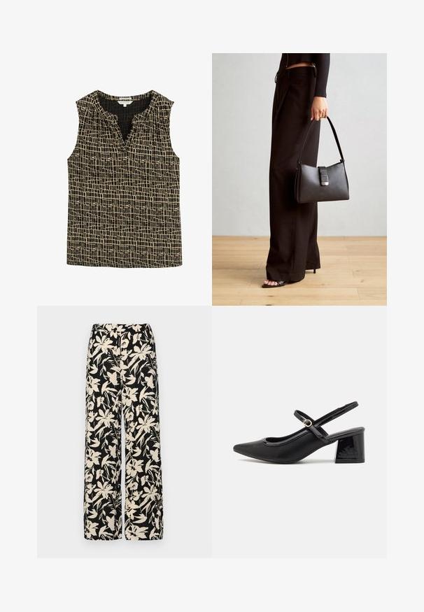 TOM TAILOR V NECK ALLOVERPRINTED - Top - abstract black grid design; Schwarze weit geschnittene Hose mit einem cremefarbenen Blumenmuster. Hergestellt aus leichtem Stoff, mit einer glatten Textur und einem hohen Bund.; Schwarze Lackleder-Slingback-Absätze mit spitzer Zehenform, einem runden Ausschnitt-Design und einem Blockabsatz. Mit einem goldfarbenen Schnallenakzent.; Schwarze Handtasche mit strukturierter Form, glatter Textur und einem metallischen Verschluss. Kombiniert mit weiten schwarzen Hosen und offenen Sandalen auf einem Holzboden.