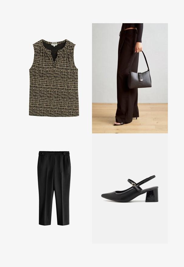 TOM TAILOR V NECK ALLOVERPRINTED - Top - abstract black grid design; Schwarze, cropped Stoffhosen mit einer lockeren Passform, elastischem Bund und zwei Vordertaschen. Der Stoff hat eine glatte Textur mit einem leicht glänzenden Finish.; Schwarze Lackleder-Slingback-Absätze mit spitzer Zehenform, einem runden Ausschnitt-Design und einem Blockabsatz. Mit einem goldfarbenen Schnallenakzent.; Schwarze Handtasche mit strukturierter Form, glatter Textur und einem metallischen Verschluss. Kombiniert mit weiten schwarzen Hosen und offenen Sandalen auf einem Holzboden.