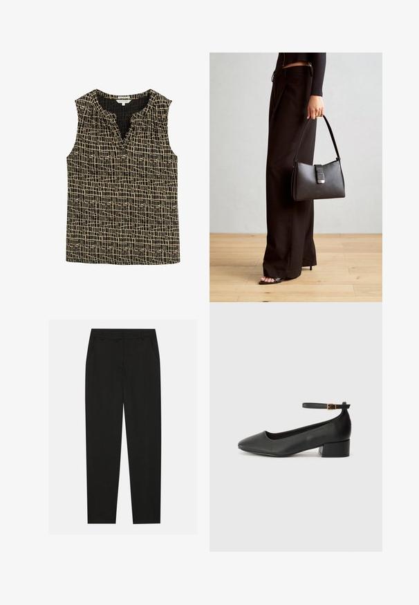 TOM TAILOR V NECK ALLOVERPRINTED - Top - abstract black grid design; Pantaloni neri dal design sartoriale, con tasche laterali e gamba dritta. Realizzati in tessuto liscio e leggero con una finitura elegante.; Pump in pelle nera con punta affusolata e tacco basso a blocco. Presenta una cinghia alla caviglia con una fibbia in tonalità oro. Texture liscia.; Borsa nera con forma strutturata, texture liscia e una chiusura metallica. Abbinata a pantaloni neri larghi e sandali open-toe su un pavimento in legno.