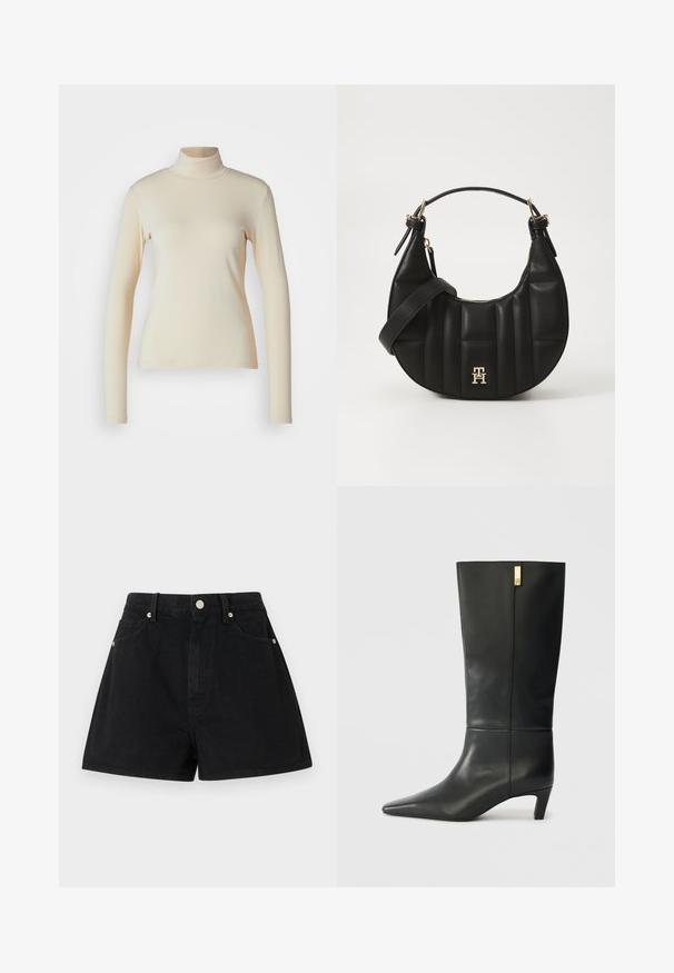 Cream-colored long-sleeve turtleneck top made of smooth, stretchy fabric; fitted design with a high neck and no visible patterns or accents.; Black denim shorts with a high waist, five pockets, silver hardware, and a standard fit, featuring a smooth texture and clean finishing.; Black leather knee-high boot with a pointed toe and a small heel. Features a sleek design with a gold accent detail. Smooth texture.; Black leather handbag with a curved shape, quilted texture, and gold hardware. Features a detachable shoulder strap and logo detail.