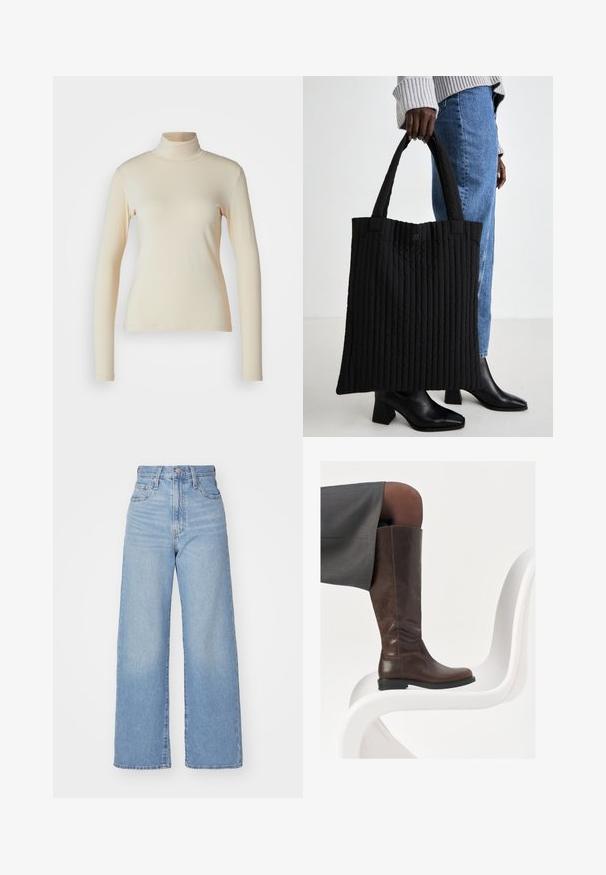 Cremefarbener langärmeliger Rollkragenpullover aus glattem, dehnbarem Stoff; taillierte Passform mit hohem Kragen und ohne sichtbare Muster oder Akzente.; Hellblaue High-Waist-Weite-Leg-Jeans mit Knopf- und Reißverschluss vorne, Vorder- und Rückentaschen, auf weißem Hintergrund.; Braune Lederstiefel bis zum Knie mit abgerundeter Spitze, glatter Oberfläche und minimalen Nähten, vor einem hellen Hintergrund auf einem weißen Stuhl.; Schwarze gesteppte Tragetasche mit vertikal gestreifter Textur und robusten Griffen. Neben blauen Jeans platziert, ergänzt mit schwarzen, hohen Stiefeletten.