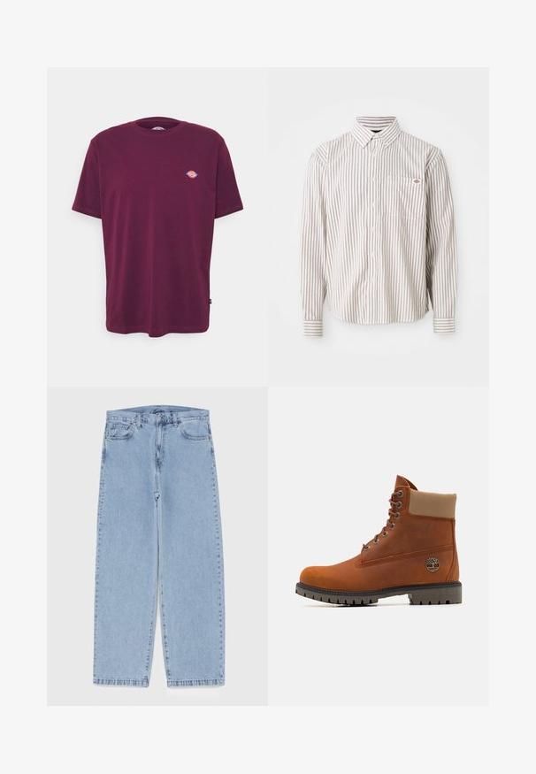 Bordová bavlnená tričko s okrúhlym výstrihom, krátkymi rukávmi a malým viacfarebným logom na hrudi. Hladká textúra, štandardný strih.; Biela košeľa s dlhým rukávom, s tenkými vertikálnymi červenými pruhmi a vreckom na hrudi, na ktorom je malé červené a modré logo.; Svetlomodré denimové džínsy s rovnými nohavicami, s polovysokým pásom, piatimi vreckami a zapínaním na gombík a zips.; Timberland Členkové šnurovacie čižmy - medium orange