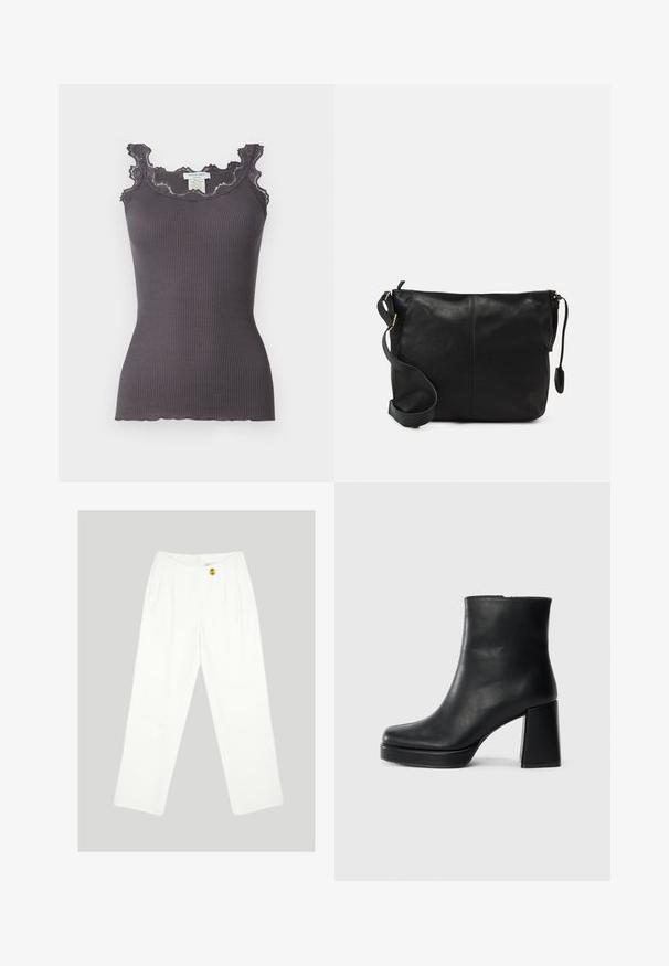 Raižyta pilka maišelių su nėriniu aplink kaklo ir rankovių kraštus. Yra prigludusi forma ir banguota apatinė dalis.; Balti, plačių kojų kelnės, pagamintos iš sklandžios medžiagos. Žalioje kelnėje yra vienas geltonas mygtukas uždarymui ir raukšlėtas priekinis dizainas. Jokių matomų kišenių.; Juodas odinis kulkšninis botas su bloku ir platformos padu, matomas šoniniu vaizdu ant balto fono.; Juodas odinis per petį nešiojamas krepšys plokščia forma, su auksiniais detalių akcentais ir reguliuojama juosta. Lygi tekstūra su minimaliais siuvimo elementais.