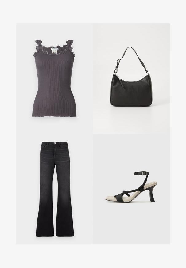 Ribaga hall tank top, mille äärmise pitsiga kaela- ja käeaugu ääres. Omab lähedalt istuvat lõiget ja lainelist hemmi.; Mustad lõhkuvad teksad teksakangast, kõrge vöökohaga, viie taskuga ja kergelt hägunev jalamiste ääres.; Mustad musta kontsaga sandaal, millel on punutud rihma disain, ruudukujuline varvas ja reguleeritav pahkluu rihm. Heleda beeži värvi jalapadi ja läikiv must konts.; Must musta käekott, millel on kumer kuju, üks rihm, lukuga sulgemine ja peen brändimine esiküljel. Sile tekstuur, minimalistlik disain.