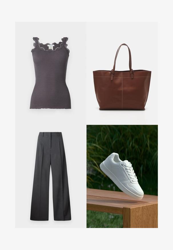 Top cinza canelado com detalhe de renda ao longo da gola e das cavas. Apresenta um formato ajustado e uma bainha em formato escalope.; Calças de perna larga em tecido cinza escuro, apresentando uma cintura alta, pregas simples e uma textura suave com um acabamento limpo nas bainhas.; Sapatilha branca com um cabedal sintético liso, caixa dos dedos perfurada, atacadores planos e uma sola texturizada, exposta sobre uma superfície de madeira.; Sacola Tote de couro castanho com alças duplas, apresenta costura em contraste e um design espaçoso, adequada para o uso diário.