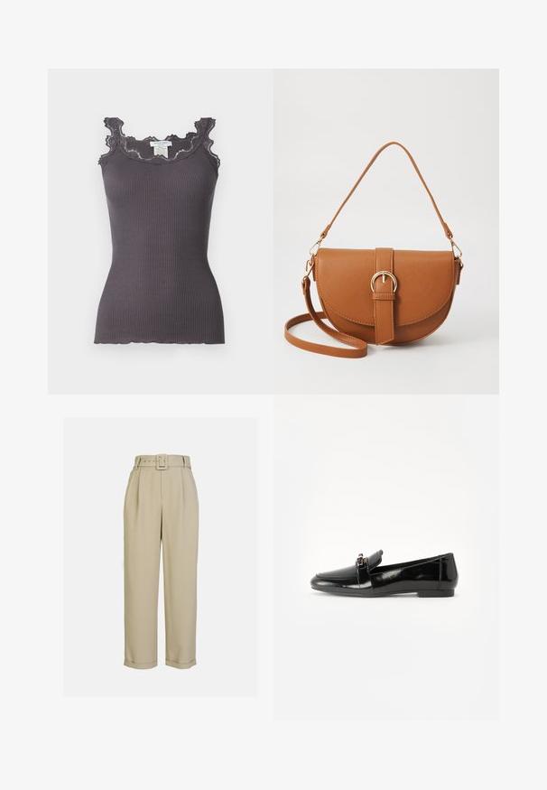 Raižyta pilka maišelių su nėriniu aplink kaklo ir rankovių kraštus. Yra prigludusi forma ir banguota apatinė dalis.; Šviesiai rudos, aukštai dvigubos kelnės su plačiais džinsais, su raukšlėmis, suderinta diržu su stačiakampiu sagtimi ir apvyniotais kraštais.; Juodas patentuotas odinis loaferis su plokščiu padu, apvaliu pirštu ir dekoratyvine juostele su auksine akcentu. Lygus, blizgantis paviršius.; Ruda odinė kryžminė rankinė, turinti kreivą formą, auksinius metalinius elementus ir sagtį. Yra nuimama petneša.