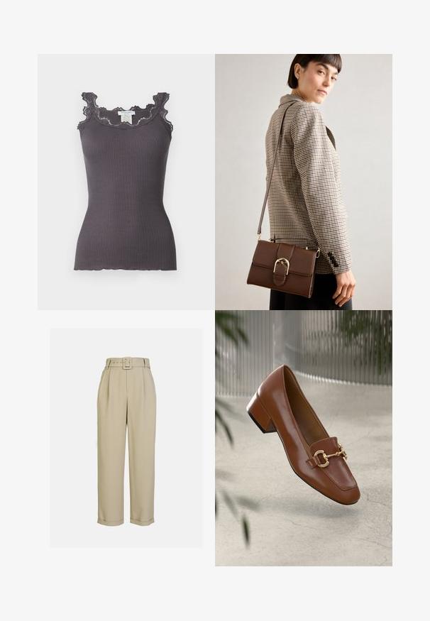 Ribbet grå tank topp med blondekant langs utringningen og armhulene. Har en tettsittende fasong og en bølget hem.; Beige, høyt liv bukser med vid ben design, med folder, et matchende belte med rektangulært spenne, og oppbrettede hem.; Brun lakkert skinn loafer med firkantet tå, metallkjedeakkent, og lav blokkheel; glatt tekstur, minimalistisk design.; Brun lærcrossbody-veske med gullfarget spenne, rektangulær form, glatt tekstur og avtagbar stropp.