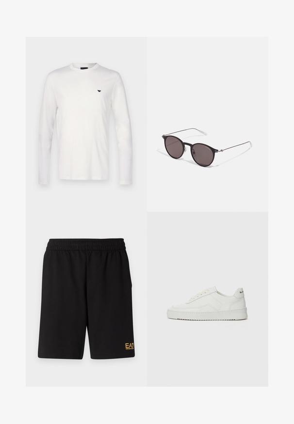 Camiseta branca de manga comprida, feita de algodão, com gola redonda. Apresenta um pequeno logótipo azul-marinho no peito. Textura lisa e corte regular.; Calções desportivos pretos feitos de um tecido suave, com um cós elástico e um pequeno logótipo amarelo EA7 na parte inferior da perna esquerda.; Sapatilha de couro branco com acabamento suave, bico redondo, atacadores planos e uma sola texturizada. Apresenta um logotipo discreto no calcanhar.; Óculos de sol redondos pretos com lentes escuras e hastes metálicas finas. Inclui pontas de templo transparentes e detalhes em prata na dobradiça. Design minimalista.