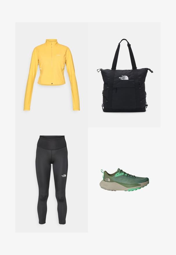 Yellow athletic long-sleeve top with half-zip collar, slim fit, lightweight fabric, and logo detail on the chest.; High-waisted black leggings made from a smooth, stretchy fabric. Features a logo on the lower leg and a fitted ankle length.; Green running shoe with mesh upper, contrasting accents, and textured sole. Features a cushioned midsole and reinforced heel for stability.; Black tote bag with a padded design, top zipper closure, dual short straps, and logo on the front; features side pockets and adjustable straps.