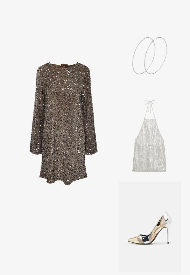 Grembiule d'argento con nodo al collo. Presenta un tessuto leggero ricoperto di piccole paillettes circolari, che riflettono luce e texture.; Abito a maniche lunghe realizzato in tessuto marrone ricoperto di paillettes argento, con scollatura rotonda e un fiocco sul retro. Superficie riflettente e testurizzata.; Scarpa con tacco alto a punta, con una combinazione di colori argento, oro e nudo. Finitura lucida con design a ritaglio, con tacco a stiletto.; Borsa a pochette metallica argentea con una forma morbida e arrotondata e chiusura superiore annodata. Realizzata in materiale sintetico morbido.; Orecchini a cerchio in argento con un design minimalista. Forma circolare, superficie liscia e profilo sottile. Leggeri con una finitura lucida.