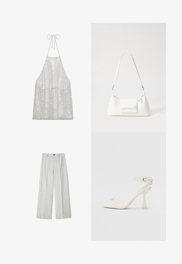 Silver sequin apron with halter neck tie. Features a lightweight fabric covered in small circular sequins, reflecting light and texture.; Light gray wide-leg trousers made of a textured fabric, featuring a button closure and two pleats at the front for added detail.; Strappy high-heeled sandal in white leather with a sleek design, a transparent block heel, and a decorative element at the toe.; White synthetic handbag with a triangular shape, flat front flap and bow detail, adjustable strap, smooth texture, and minimalistic design.