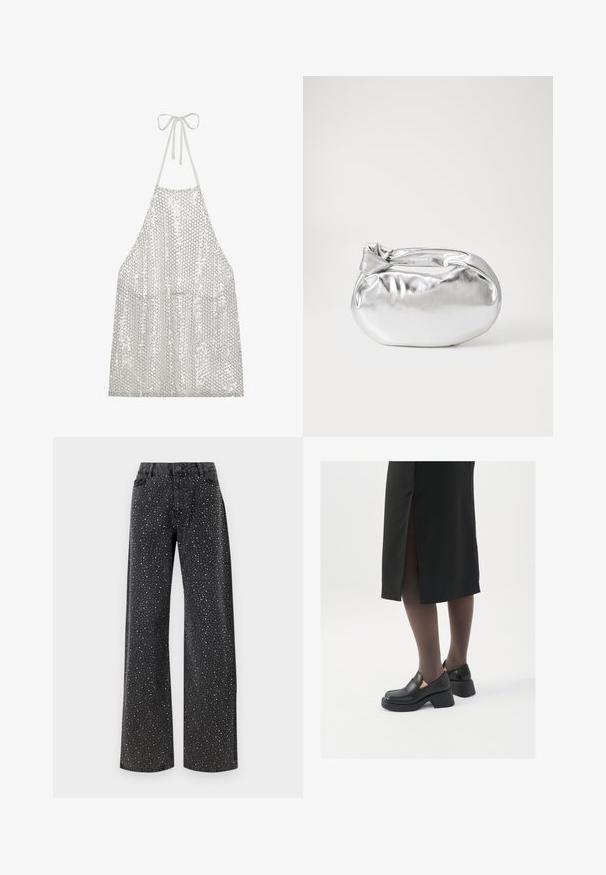 Strieborná flitrová zástera s viazaním na krku. Vyznačuje sa ľahkým materiálom pokrytým malými kruhovými flitrami, ktoré odrážajú svetlo a textúru.; Noisy May NMJANNEL LOOSE - Džínsy voľného strihu - black denim; Čierne kožené topánky s okrúhlou špičkou, silným blokovým opätkom a elastickými bočnými akcentmi, skombinované s tmavými pančuchami a čiernou sukňou so štiepením.; Strieborná metalická taška s mäkkým, zaobleným tvarom a uzáverom s uzlíkom. Vyrobená z hladkej syntetickej kože.; Strieborné kruhové náušnice s minimalistickým dizajnom. Cirkulárny tvar, hladký povrch a tenký profil. Ľahké s lesklým povrchom.