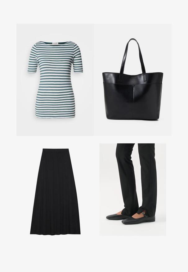 Triibuline T-särk teal ja valge, valmistatud pehmest puuvillast. Omab ümarat kaela, lühikesi varrukaid, sobivat lõiget ja sirget allääret.; Must muströök, mis on valmistatud pehmest ja voogavast kangast. Tal on elastne vöökoht ja täis, A-liini siluett sujuva tekstuuriga.; Mustadast mustast nahast balletkingad terava ninaga, millel on rihm hõbedase klambriga, kokku sobitatud mustade ülikondpükstega, millel on lõhiku serv.; Must mustaga musta nahast, millel on kaks pikka kanda, sile tekstuur ja struktureeritud kuju. Esipoolsel on lisakoti jaoks tasku.; Hõbedased rõngaskõrvarõngad, millel on sile, läikiv viimistlus. Ümmargune kuju ja turvaline klõpsulatus. Kerge disain, sobib igapäevaseks kandmiseks.