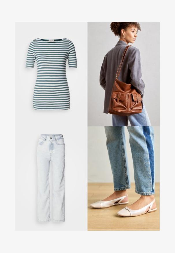 Stripet t-skjorte i turkis og hvit, laget av myk bomull. Har rund hals og korte ermer, tettsittende snitt og rett kant.; Lyseblå høy midje jeans med rett benpassform, laget av denim. Har knappestuss, fem-lomme design og subtilt falmet tekstur.; Lys rosa slingback leiligheter med spiss tå, laget av et glatt, læraktig materiale. Har utskjæringer på sidene og lav hæl.; Brun lærbucket bag med to frontlommer med spænde-accenter. Tasken har en glat tekstur og en justerbar rem.