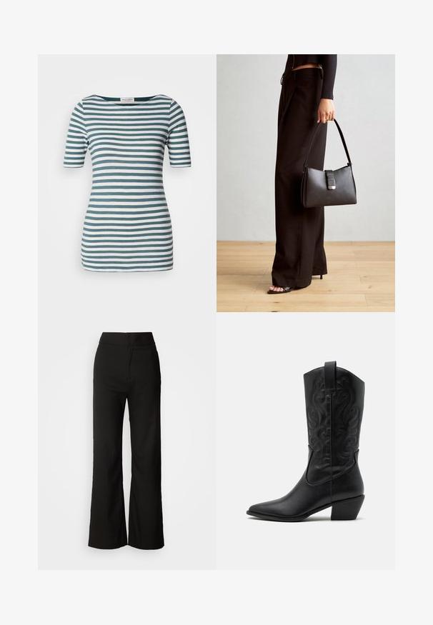 Prugasta majica v teal in beli barvi, izdelana iz mehkega bombaža. Ima okroglo ovratnico in kratke rokave, oprijet kroj ter raven rob.; Črne široke hlače z gladko teksturo, visokim pasom in čistim dizajnom. Brez vidnih žepov ali okrasnih elementov.; Črne usnjene kavalirske čevlje s koničastim nosom, embosiranimi valovitimi vzorci in srednje visokim peto. Imajo zanko za enostavno obuvanje.; Črna torbica z strukturirano obliko, gladko teksturo in kovinskim zaponko. Ujemajo se z širokimi črnimi hlačami in odprtimi sandali na lesenem tleh.