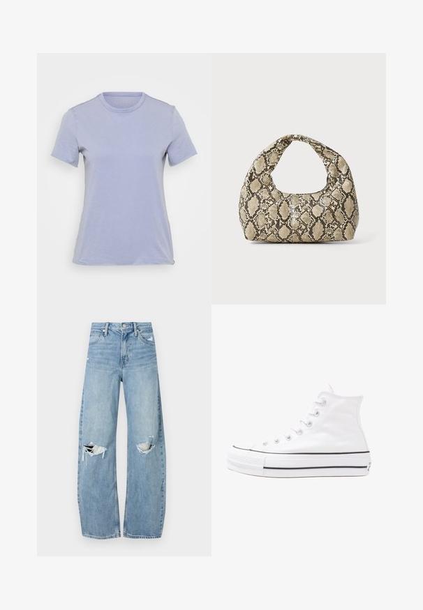 Lyselilla kortermet t-skjorte med rund hals, laget av myk stoff, med en jevn tekstur uten synlige mønstre eller detaljer.; Lyseblå høytlivsjeans laget av denim. Har vide bein, to revne knær og klassisk fem-lommers design.; Hvit høy-skinn kanvas sneakers med svart gummisåle, gummitåhette foran og seks hull for snorer, med et rent, minimalistisk design.; Veske med slangeskinnmønster og krummet håndtak. Laget av teksturerte, beige og brune materialer, med et særegent diamantmønster.