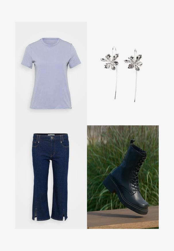 Ljuslila t-shirt med kort ärm och rund halsringning, tillverkad av mjukt material, med en slät textur och utan synliga mönster eller detaljer.; Mörkblå denimcroppade jeans med sidoöppningar vid fållen, kontrasterande orange sömmar och en knappstängning vid midjan.; Svarta läderankelboot med rund tå, snörning fram och tjock, klumpig klack. Har detaljerad sömnad och en slät yta.; Silverfärgade blommiga örhängen med en strukturerad yta, som har långa krokar och kronbladsliknande detaljer för en intrikat design.