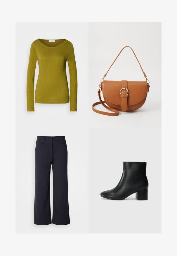 Camisola de manga longa em verde-azeitona, com decote redondo e um tecido suave e texturizado. Costuras lisas e silhueta justa.; Calças largas de tecido azul marinho escuro. Apresentam uma frente lisa, passantes para cinto e bolsos laterais. O material é suave com um ligeiro alongamento.; Botas de tornozelo em pele preta com bico pontiagudo e um salto robusto. Textura suave com acentos mínimos e um design ajustado e elegante.; Bolsa transversal de couro castanho com um formato curvado, ferragens douradas e um detalhe de fivela. Inclui uma alça de ombro destacável.