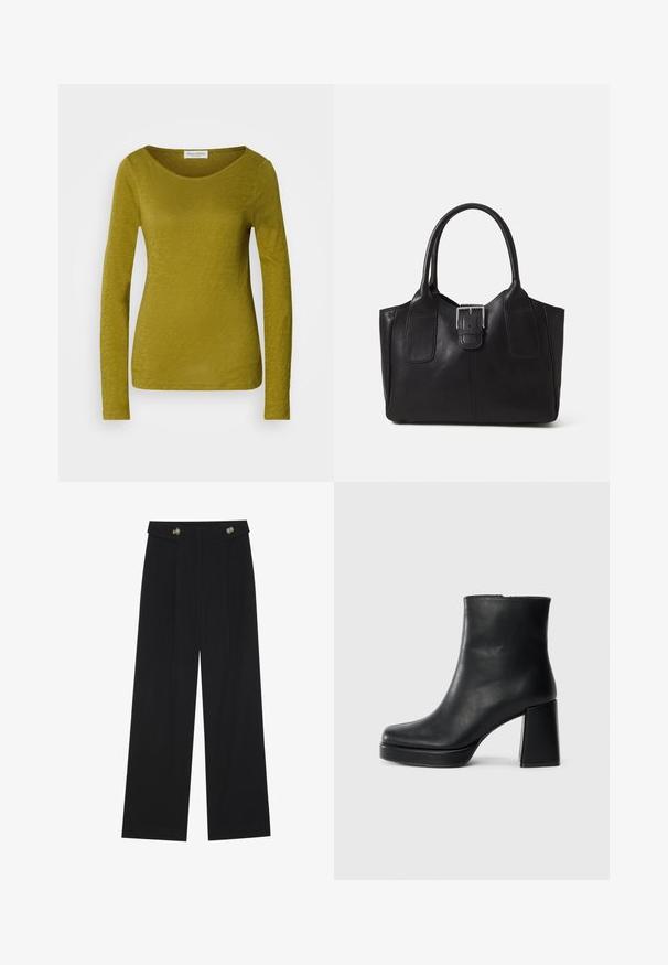 Olive rohelise värvi pika varrukaga pluus, millel on ümmargune kaelus ja pehme, tekstureeritud kangas. Siledad õmblused ja keha lähedane siluett.; Mustad laiad püksid kõrge vöökoha ja nööpdetailidega vööandil, esikortsudega.; Must musta ankle boot, milleplokk-konts ja platvormi tallaga, vaadatud küljelt ühetoonilise valge tausta peal.; Mustgamma nahast kott, millel on sile tekstuur, struktureeritud kuju, kaks käepidet ja esiküljel silmapaistev hõbedane pandla detail.
