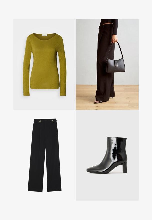 Camisola de manga longa em verde-azeitona, com decote redondo e um tecido suave e texturizado. Costuras lisas e silhueta justa.; Calças largas pretas com cintura alta, detalhes em botão na cintura e pregas frontais.; Botim de tornozelo em pele sintética preta com bico apontado e salto bloco de altura média. Textura suave e design minimalista.; Bolsa preta com forma estruturada, textura suave e um fecho metálico. Combinada com calças largas pretas e sandálias de salto aberto sobre um chão de madeira.