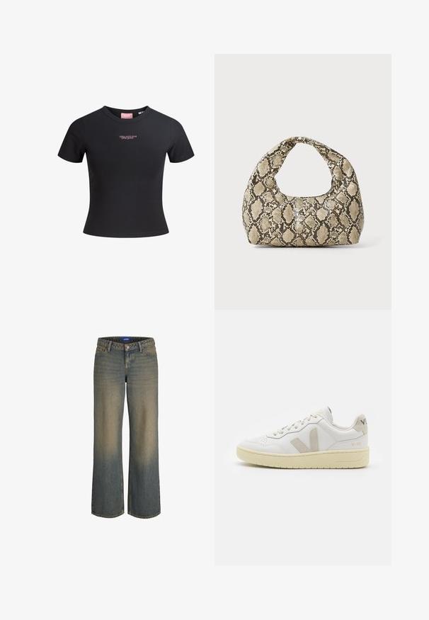 Camiseta negra de manga corta, hecha de algodón suave, con un diseño ajustado y texto rosa que dice "No soy yo, eres tú" en el frente.; Blusa blanca de manga larga con escote con volantes, detalle plisado en la parte delantera y puños elásticos. Tejido suave con un acabado ligeramente texturizado.; Jeans de mezclilla azul de pierna ancha con un degradado de claro a oscuro, diseño de cinco bolsillos y cierre con botón. Detalles cosidos en los bordes.; Zapatilla de piel blanca con acentos de ante beige, caja de puntera perforada, cordones planos y suela texturizada en color crema. Cuenta con un branding sutil en el talón.; Bolso de mano con estampado de serpiente y asa curvada. Hecho de materiales texturizados en tonos beige y marrón, con un patrónen diamante distintivo.