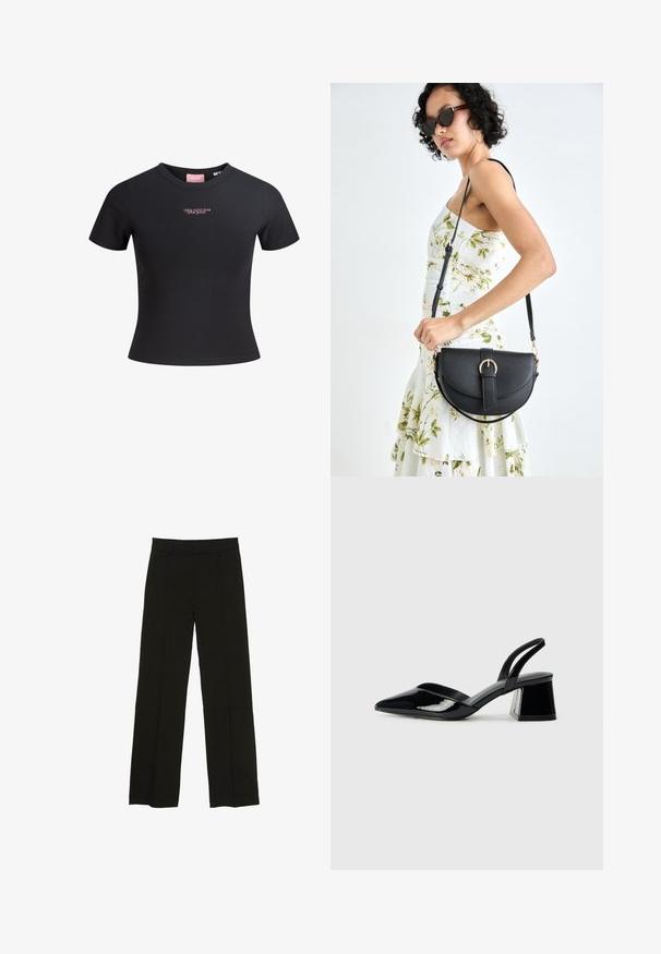 Czarna koszulka z krótkim rękawem, uszyta z gładkiej bawełny, o dopasowanym kroju, z różowym napisem "To nie ja, to ty" na przodzie.; Czarne spodnie szerokie na nogawkach wykonane z gładkiego materiału, z dopasowanym paskiem w talii i subtelnymi fałdami z przodu, które dodają tekstury.; Czarne lakierowane półbuty na obcasie z wydłużonym noskiem i geometrycznym słupkiem. Charakteryzują się eleganckim, minimalistycznym designem oraz gładką fakturą.; Czarna skórzana torebka o zakrzywionym kształcie, z odpinanym paskiem i złotymi akcentami. Torebka posiada klapę z zapięciem w kształcie klamry.