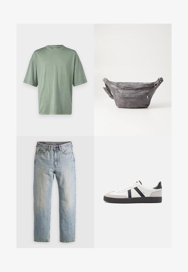 Šviesiai žalia trumpomis rankovėmis marškinėliai su apvaliu iškirpimu ir laisvu siluetu; pagaminti iš minkštos medžiagos su lygiu paviršiumi.; Šviesiai mėlynos džinsinės kelnės su aukštu liemeniu, priekyje mygtukas, užtrauktukas ir penkių kišenių dizainas, išklotos ant neutralios fono.; Balti sportbačiai su juodais ir pilkais akcentais, pasižymintys tekstūruotu pilku pirštų dangteliu, juoda gumine padais ir plokščiomis baltomis raišteliais. Švarus dizainas, minimalistinis stilius.; Pilkas suedes fanny pack'as apvalios formos, su dviem užtraukiamais skyreliais ir reguliuojama diržele. Yra metaliniai aksesuarai.