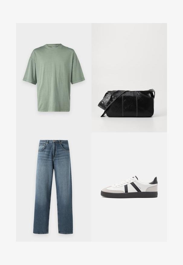 Világoszöld, rövid ujjú póló kerek nyakkivágással és laza szabással; puha anyagból készült, sima tapintású.; Egyenes szárú kék denim farmernadrág, kopott mosással, öt zsebes kivitelezéssel, fém gombbal és övhurkokkal. Közepes súlyú, strukturált anyag.; Fehér sneaker fekete és szürke részletekkel, textúrált szürke orr résszel, fekete gumitalppal és lapos fehér fűzőkkel. Tiszta dizájn, minimalista stílus.; Fekete bőr válltáska, cipzárral zárva, texturált felülettel, fehér varrással és ezüst fémgyűrűs pánttal.