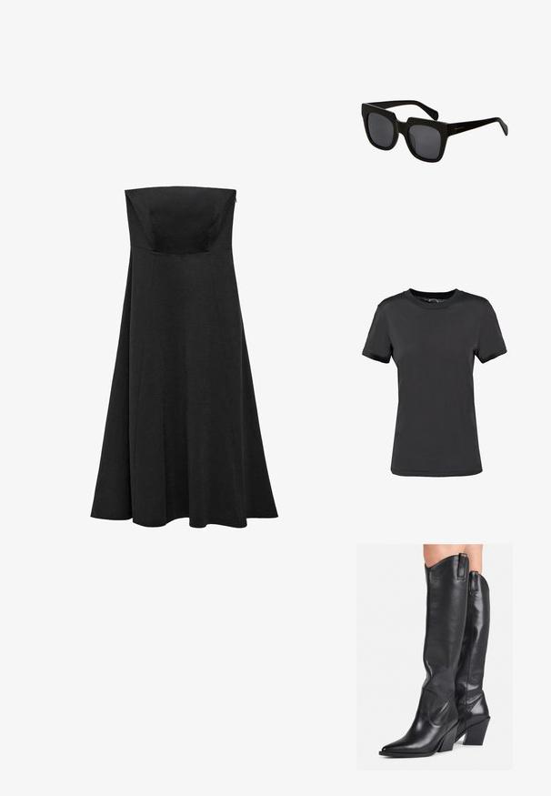 Sort kortærmet t-shirt lavet af glat stof. Har en rund halsudskæring uden synlige mønstre eller detaljer, hvilket giver et enkelt design.; Sort strampegulvsklædning uden stropper med en tætsiddende bodice og en udvidende, gulvlængde nederdel. Lavet af glat stof uden synlige mønstre eller detaljer.; Sorte læder støvler til knæene med spids tå, buet skaft og kraftig hæl. Har en glat tekstur og trækflapper øverst.; Sorte rektangulære solbriller med tykke plastiskrammer og mørke linser. Bøjlerne er slanke med en blank finish og minimal branding.; Sort læderhåndtaske med et buet design, guldfarvet hardware og en øverste håndtag. Har en strømlinet lukning og en glat tekstur.