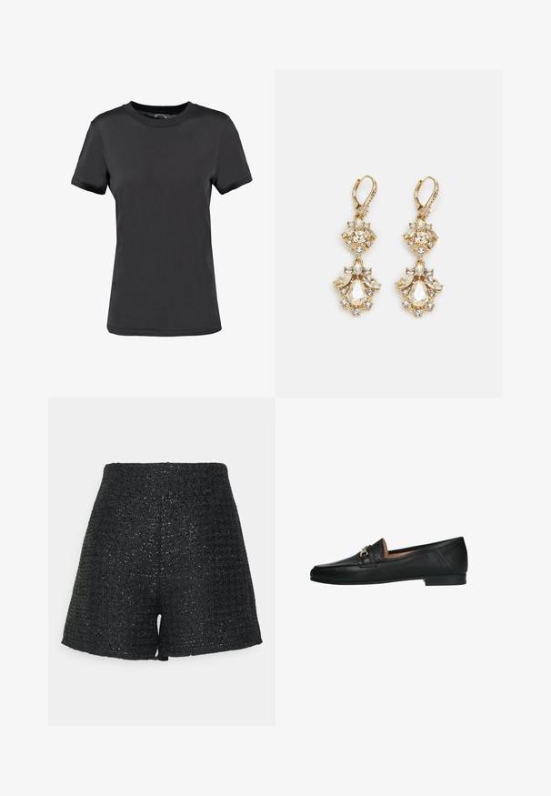 Zwarte korte mouwen t-shirt gemaakt van een gladde stof. Heeft een ronde hals zonder zichtbare patronen of accenten, wat zorgt voor een eenvoudig ontwerp.; Zwarte geweven shorts met een gestructureerde afwerking en een subtiele glans. Kenmerkt zich door een hoge taille en een gestructureerde A-lijn vorm.; Manfield Instappers - schwarz; Gouden hangoorbellen met een clusterontwerp, versierd met ronde en druppelvormige heldere kristallen, die zich kenmerken door ingewikkelde details.