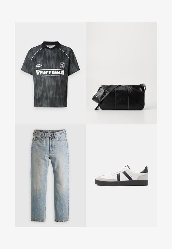 Svart t-shirt med kort ärm, en subtil strukturerad mönster, en klassisk krage och vit "VENTURA"-logotyp på framsidan.; Ljusblå denimjeans med hög midja, framknäppning, dragkedja och femficksdesign, placerade platt på en neutral bakgrund.; Vit sneaker med svarta och grå accenter, med en strukturerad grå tådel, svart gummisul, och platta vita skosnören. Ren design, minimalistisk stil.; Svart läder axelväska med dragkedjestängning, som har en texturerad yta, vit sömnad och ett bälte med silveröglor.