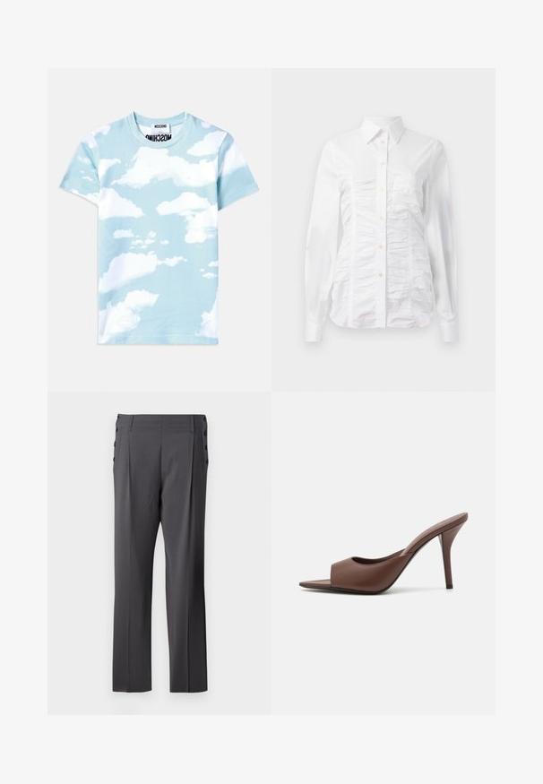Helehelesin sinine puuvillane T-särk, millel on pilvemuster erinevates valgetes toonides. Klassikaline ümmargune kaelus ja lühikesed varrukad.; Valge nööpidega särk pikade varrukatega, millel on kortsus tekstuur ees, väiksed kuldsed nööbid ja standardne krae.; Hallitus räbalad sirge sääre kujundusega, ees voldid ja dekoratiivsed külg-nööbid lisaks detailiks. Sile kangastekstuuri.; Pruunid nahast avatud varvastega kõrged kontsad, millel on stiilne disain, laia eesrihma ja peene stilettokontsaga.