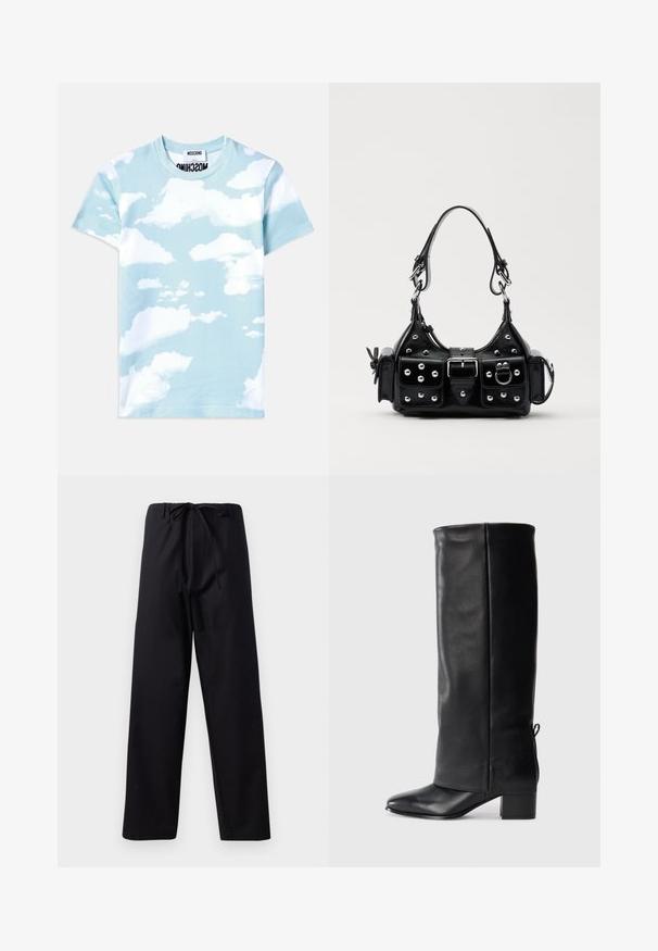 Svijetloplava pamučna majica s dizajnom otiska oblaka u različitim nijansama bijele boje. Klasičan kroj s okruglim izrezom i kratkim rukavima.; Črne hlače srednje teže s vrvico v pasu, ravne noge in brez vidnih vzorcev ali detajlov. Gladka tekstura.; Črne usnjene škornje do kolen z gladkim zaključkom, kvadratnim nosom, blokastim peto in stranskim vezanjem za nastavljivo prileganje.; Črna usnjena torbica s ukrivljenim dizajnom, ki vsebuje srebrne žebljičke, zaponko in dve stranski žepki. Nastavljiv trak za različne možnosti nošenja.